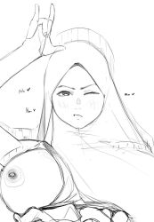 Rule 34 | 1girl, arms up, breasts, breasts out, greyscale, hijab, large breasts, looking at viewer, monochrome, one eye closed, simple background, upper body, wink, yohohoho