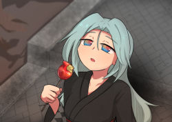 Rule 34 | 100 percent orange juice, 1girl, alternate costume, arm support, black kimono, breasts, candy apple, chilled letter, commentary request, food, grey hair, japanese clothes, kimono, long hair, long sleeves, looking away, multicolored eyes, official alternate costume, open mouth, parted bangs, sash, small breasts, star breaker (orange juice), suguri, very long hair, wide sleeves