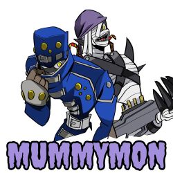 Rule 34 | 1boy, alternate form, bandages, belt, character name, digimon, digimon (creature), digimon adventure 02, disguise, gun, hat, highres, holding, holding weapon, mummy, mummymon, simple background, weapon, yellow eyes