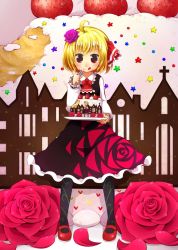 Rule 34 | 1girl, :q, ahoge, ascot, blonde hair, cake, dress, eating, flower, food, food on face, fork, fruit, hair ribbon, jagabutter, long sleeves, mary janes, plate, recursion, red eyes, ribbon, rumia, shoes, short hair, solo, strawberry, tongue, tongue out, touhou