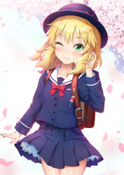 1girl backpack bag blonde_hair blue_hat blue_serafuku blush bow bowtie cherry_blossoms crime_prevention_buzzer dot_nose dress_shirt green_eyes hand_in_own_hair hand_up hat hat_bow highres idolmaster idolmaster_cinderella_girls long_sleeves novady one_eye_closed pleated_skirt randoseru red_bow red_bowtie sailor_collar sakurai_momoka school_uniform serafuku shirt short_hair skirt smile wavy_hair white_sailor_collar