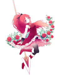 Rule 34 | 10s, 1girl, black thighhighs, boots, bow, cuivre, detached sleeves, dress, flower, full body, hair bow, hair ribbon, holding, long hair, looking at viewer, mahou shoujo madoka magica, mahou shoujo madoka magica (anime), polearm, ponytail, red dress, red eyes, red hair, ribbon, rose, sakura kyoko, simple background, solo, spear, thighhighs, weapon, white background