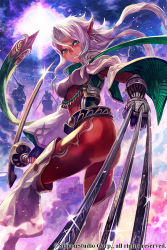 Rule 34 | 1girl, claw (weapon), company name, green eyes, lack, long hair, midgard war chronicles, original, pointy ears, silver hair, solo focus, sword, watermark, weapon
