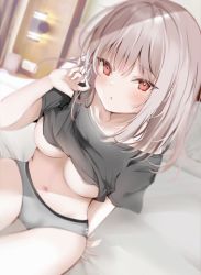 Rule 34 | 1girl, :o, black shirt, blush, breasts, brown hair, clothes lift, commentary request, grey panties, hair between eyes, hand up, indoors, long hair, looking at viewer, navel, no pants, on bed, original, panties, pon (ponidrop), red eyes, shirt, shirt lift, short sleeves, sitting, solo, t-shirt, underboob, underwear