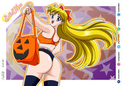 Rule 34 | 1girl, 2023, 20s, aino minako, ass, bishoujo senshi sailor moon, black panties, black thighhighs, blonde hair, blue eyes, bow, bra, breasts, clothes writing, crescent, dated, earrings, edupoolart, february, hair bow, halloween, halloween bucket, huge ass, jack-o&#039;-lantern, jewelry, lingerie, long hair, looking at viewer, looking back, open mouth, orange bra, panties, red bow, small breasts, smile, star (symbol), starry background, teeth, thighhighs, thong, underwear, upper teeth only, venus symbol, very long hair