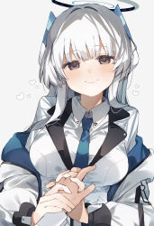 Rule 34 | 1girl, 1other, absurdres, black eyes, blue archive, blue necktie, blush, breasts, closed mouth, collared shirt, grey background, grey eyes, grey hair, halo, heart, higa (gominami), highres, jacket, large breasts, long hair, long sleeves, looking at viewer, mechanical halo, necktie, noa (blue archive), shirt, simple background, smile, solo focus, upper body, white jacket, white shirt