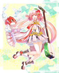Rule 34 | 10s, 1girl, apple, bad id, bad pixiv id, comin, fish, food, food-themed hair ornament, fruit, goldfish, hair ornament, highres, instrument, legs, magical girl, mahou shoujo taisen, mahou shoujo taisen contest 1, original, pink eyes, pink hair, seigaiha, shamisen, shiratori neo, shoes, skirt, twinbee