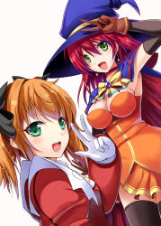 Rule 34 | 10s, 2girls, alice wishheart, bad id, black legwear, blonde hair, bow, company connection, crossover, earrings, elbow gloves, gloves, green eyes, hat, highres, jewelry, kaitou tenshi twin angel, konami, long hair, magical halloween, minazuki haruka (twin angel), multiple girls, open mouth, orange skirt, red hair, skirt, star (symbol), star earrings, thighhighs, twin angel, twintails, witch hat, yellow bow, yuki mizore