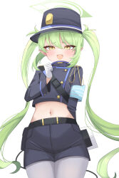 Rule 34 | 1girl, absurdres, black hat, black jacket, black shorts, blue archive, blush, buttons, cowboy shot, double-breasted, gloves, green hair, green halo, halo, hat, nozomi (blue archive), highres, jacket, long hair, long sleeves, looking at viewer, open mouth, pantyhose, peaked cap, shorts, simple background, sisong, smile, solo, twintails, white background, white gloves, white pantyhose, yellow eyes