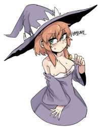 Rule 34 | 1girl, :/, aqua eyes, areola slip, bare shoulders, black souls, breasts, cleavage, closed mouth, detached sleeves, dorothy (black souls), dress, hair between eyes, hair ribbon, hat, highres, korean text, long sleeves, medium breasts, nyong nyong, orange hair, purple dress, purple hat, purple sleeves, ribbon, short hair, short hair with long locks, sidelocks, simple background, solo, strapless, strapless dress, translation request, white background, witch hat, yellow ribbon