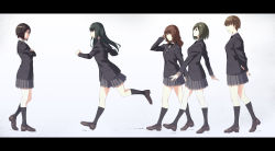 Rule 34 | 5girls, amagami, arm up, arms behind back, bad id, bad pixiv id, black hair, black socks, brown hair, character request, crossed arms, glasses, hand in own hair, highres, kneehighs, kurosawa noriko, letterboxed, loafers, long hair, looking at another, looking back, multiple girls, pleated skirt, running, school uniform, shoes, short hair, skirt, socks, wiori (mashiro miracle)
