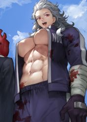 Rule 34 | 1boy, 1girl, abs, absurdres, bad tag, blood on clothes, breasts, dorohedoro, gloves, grey hair, highres, jacket, large breasts, long hair, long sleeves, looking at viewer, muscular, muscular female, navel, noi (dorohedoro), open clothes, open jacket, open mouth, outdoors, red eyes, revision, shin (dorohedoro), smile, yoshio (55level)