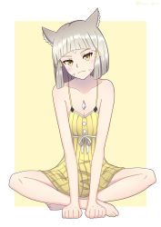 Rule 34 | 1girl, blunt bangs, blush, breasts, chest jewel, cleavage, dress, facial mark, highres, indian style, looking at viewer, nia (fancy sundress) (xenoblade), nia (xenoblade), nintendo, one-piece swimsuit, ryochan96154, silver hair, sitting, small breasts, solo, spoilers, swimsuit, xenoblade chronicles (series), xenoblade chronicles 2, yellow dress, yellow eyes, yellow one-piece swimsuit