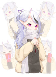 Rule 34 | 1girl, black hair, black serafuku, blush, box, closed eyes, embarrassed, gift, gift box, hair ribbon, highres, holding, holding gift, horns, jacket, light purple hair, long hair, multicolored hair, multiple views, nijisanji, oni, open clothes, open jacket, open mouth, own hands together, pointy ears, ponytail, purple eyes, purple ribbon, red neckwear, ribbon, rindou mikoto, sailor collar, scarf, scarf over mouth, school uniform, serafuku, short eyebrows, skin-covered horns, streaked hair, thick eyebrows, upper body, virtual youtuber, wo chi xiangjiao pi