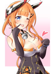 Rule 34 | 1girl, azur lane, bell, blue eyes, blush, breasts, cleavage, collar, commentary request, elbow gloves, foxhound (azur lane), foxhound (retrofit) (azur lane), gloves, gudon (iukhzl), heart, large breasts, looking at viewer, neck bell, one eye closed, open mouth, orange hair, remodel (azur lane), short hair with long locks, simple background, solo, teasing, tongue, tongue out