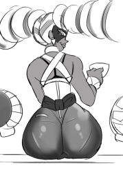 Rule 34 | arms (game), ass, back, bare shoulders, bracelet, cup, dark skin, earrings, huge ass, long hair, looking at viewer, looking back, mask, monochrome, nintendo, short twintails, sitting, solo, tagme, twintelle (arms)