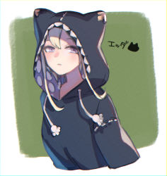 Rule 34 | 1girl, animal hood, black hoodie, blush, closed mouth, commentary request, cropped torso, drawstring, expressionless, green background, hood, hood up, hoodie, kino (m6t2a), looking at viewer, original, purple eyes, short hair with long locks, sidelocks, silver hair, solo, translation request, two-tone background, upper body