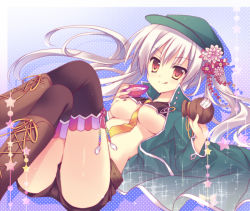 Rule 34 | 1girl, :p, alcohol, asakura hayate, ass, belt, between breasts, black thighhighs, boots, breasts, cross-laced footwear, crossed legs, cup, flower, hair flower, hair ornament, hat, large breasts, long hair, lying, necktie, no bra, on back, open clothes, original, polka dot, polka dot background, sakazuki, sake, short shorts, shorts, silver hair, sitting, solo, thighhighs, tongue, tongue out, underboob, yellow eyes