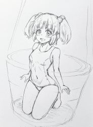 Rule 34 | 1girl, barefoot, blush, breasts, bucket, commentary request, covered navel, d-m (dii emu), embarrassed, greyscale, hair bobbles, hair ornament, highres, in bucket, in container, kisume, kneeling, medium hair, monochrome, old school swimsuit, one-piece swimsuit, open mouth, school swimsuit, seiza, sitting, small breasts, swimsuit, touhou, traditional media, twintails, worried