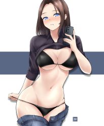 Rule 34 | 1girl, :o, artist logo, black bra, black panties, blue eyes, blue pants, blush, bra, breasts, brown hair, cleavage, clothes lift, commentary, cowboy shot, denim, ear piercing, english commentary, eyebrows, forehead, freshtango, hand up, highres, holding, holding phone, jeans, large breasts, looking at viewer, midriff, mole, mole on breast, mole under eye, navel, open mouth, panties, pants, parted lips, phone, piercing, product girl, pulling, samsung, samsung sam, selfie, shirt lift, sleeves pushed up, solo, two-tone background, underwear, wide hips
