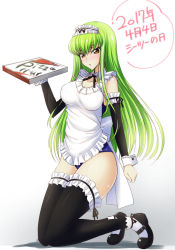 Rule 34 | 1girl, 2017, apron, blush, breasts, c.c., code geass, dated, detached sleeves, green hair, highres, kneeling, lace, lace-trimmed apron, lace-trimmed legwear, lace trim, large breasts, looking at viewer, maid apron, pizza box, school swimsuit, solo, swimsuit, thighhighs, thighs, white background, yu-ta
