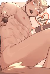Rule 34 | 1boy, abs, animal ears, bara, blush, chocolate, completely nude, dog boy, dog ears, dog tail, feet out of frame, forked eyebrows, from below, gondom, happy valentine, highres, incoming gift, large pectorals, light brown hair, looking at viewer, male focus, mouth hold, muscular, muscular male, nipples, nude, original, pectorals, short hair, solo, stomach, tail, thick eyebrows, thick thighs, thighs, valentine