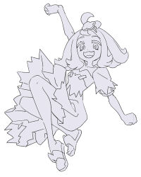 Rule 34 | 1girl, acerola (pokemon), ahoge, arm up, clenched hand, creatures (company), donuttypd, dress, game freak, hair ornament, hand up, looking at viewer, medium hair, monochrome, nintendo, open mouth, patchwork clothes, pokemon, pokemon sm, sandals, short sleeves, simple background, smile, white background