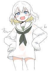 Rule 34 | 10s, 1girl, alternate costume, black neckerchief, blonde hair, blouse, blue eyes, blush stickers, done (donezumi), fang, girls und panzer, hands on own hips, highres, katyusha (girls und panzer), long sleeves, looking at viewer, neckerchief, no pants, ooarai school uniform, open mouth, oversized clothes, school uniform, serafuku, shirt, short hair, sleeves past wrists, smile, solo, standing, v-shaped eyebrows, white background, white shirt