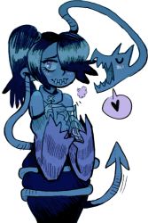 Rule 34 | 1girl, blue theme, blush, detached sleeves, dress, hair over one eye, heart, leviathan (skullgirls), long sleeves, monochrome, nikki cash, side ponytail, simple background, skullgirls, sleeves past wrists, solo, spoken heart, spot color, squigly (skullgirls), white background, zombie