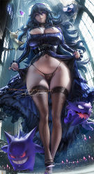Rule 34 | 1girl, alternate costume, breasts, cleavage, clothes lift, creatures (company), curvy, dress, dress lift, fishnet thighhighs, fishnets, game freak, gastly, gen 1 pokemon, gen 7 pokemon, gengar, hair between eyes, haunter, head tilt, hex maniac (pokemon), high collar, high heels, lace, lace-trimmed legwear, lace trim, large breasts, long hair, mimikyu, nail polish, nintendo, pokemon, pokemon (creature), pokemon xy, revealing clothes, sakimichan, skindentation, solo, solo focus, thick thighs, thighhighs, thighs, underwear, very long hair, wide hips