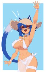 Rule 34 | 1girl, :d, absurdres, animal ear fluff, animal ears, arm up, bell, bikini, blue hair, breasts, cat ears, cat girl, cat tail, cleavage, closed eyes, collarbone, cowboy shot, doce, eyeshadow, female focus, freckles, hair between eyes, hat, highres, jingle bell, large breasts, makeup, navel, o-ring, o-ring bikini, open mouth, original, see-through, see-through skirt, sharp teeth, short hair, skirt, smile, solo, straw hat, sunglasses, swimsuit, tail, tan, teeth, thighs, white bikini, xiao (docecaedrus)