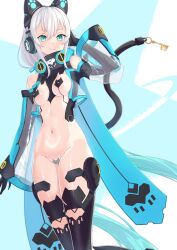 Rule 34 | 1girl, absurdly long hair, animal ear headphones, animal ears, aqua hair, aqua ribbon, black sleeves, black thighhighs, blue eyes, breasts, cat ear headphones, character request, chloette, closed mouth, commentary request, commission, elbow gloves, fake animal ears, gloves, gradient hair, hair ribbon, headphones, high collar, highres, key, long hair, low twintails, maebari, mechanical tail, medium breasts, multicolored hair, navel, pasties, phantasy star, phantasy star online 2, revealing clothes, ribbon, see-through, see-through sleeves, skeb commission, smile, solo, stomach, tail, thighhighs, thighs, twintails, very long hair, white hair, wide sleeves