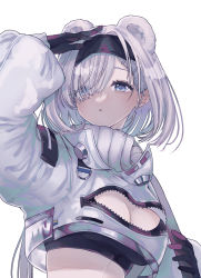 Rule 34 | 1girl, absurdres, animal ears, arknights, arm up, aurora (arknights), bear ears, black gloves, black hairband, black shirt, blue eyes, breasts, cleavage, cleavage cutout, clothing cutout, commentary, crop top, cropped jacket, dai2kakuu, gloves, hair over one eye, hairband, highres, jacket, large breasts, long hair, long sleeves, looking at viewer, midriff, parted lips, shirt, simple background, solo, upper body, very long hair, white background, white hair, white jacket