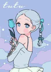 Rule 34 | 1girl, bare shoulders, blue background, blue flower, blue nails, blue rose, bow, cloud, commentary, dress, english text, fingerless gloves, flower, forehead, gloves, grey dress, grey eyes, grey gloves, grey hair, highres, holding, holding flower, long hair, looking at viewer, looking to the side, nail polish, neki (wakiko), off-shoulder dress, off shoulder, original, rose, solo, white bow