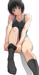 Rule 34 | 1girl, amagami, black hair, black socks, black one-piece swimsuit, bob cut, brown eyes, collarbone, commentary request, competition swimsuit, dressing, kneehighs, looking at viewer, nanasaki ai, one-piece swimsuit, serizawa (serizawaroom), short hair, simple background, sitting, smile, socks, solo, swimsuit, white background