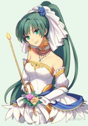 Rule 34 | 1girl, bad id, bad twitter id, bare shoulders, bouquet, bride, dress, fire emblem, fire emblem: the blazing blade, fire emblem heroes, flower, gloves, green eyes, green hair, hair flower, hair ornament, high ponytail, long hair, looking at viewer, lyn (bridal) (fire emblem), lyn (fire emblem), nintendo, official alternate costume, ponytail, simple background, smile, solo, strapless, strapless dress, wedding, wedding dress, white gloves, wusagi2