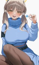 Rule 34 | 1girl, absurdres, blue archive, blue skirt, blue sweater, brown hair, brown pantyhose, dyang, halo, highres, long hair, moe (blue archive), pantyhose, skirt, solo, sweater, thighs, twintails, yellow eyes