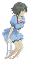Rule 34 | 1girl, barefoot, black ribbon, blue dress, blue shorts, breasts, brown hair, collarbone, dress, green eyes, hair between eyes, highres, looking at viewer, medium breasts, menomorute, open mouth, rei no himo, ribbon, shiina mayuri, shiny skin, short dress, short hair, short sleeves, shorts, shorts under dress, simple background, sitting, solo, steins;gate, sundress, white background