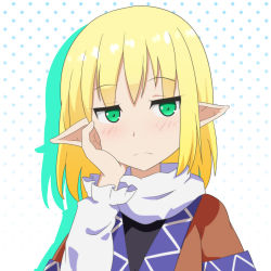 Rule 34 | 1girl, anime coloring, arm warmers, black shirt, blonde hair, blush, brown shirt, cato (monocatienus), closed mouth, colored shadow, commentary request, expressionless, green eyes, hand on own cheek, hand on own face, highres, looking at viewer, mizuhashi parsee, pointy ears, scarf, shadow, shirt, short hair, solo, touhou, undershirt, upper body, white scarf