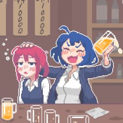 Rule 34 | 2girls, alcohol, beer, blue eyes, blue hair, breasts, closed eyes, collared shirt, cup, drinking glass, drunk, facing viewer, hcnone, holding, holding cup, indoors, long sleeves, looking away, medium breasts, multiple girls, original, parted lips, pink hair, pixel art, shirt, short hair, skye (hcnone), squeans, white shirt
