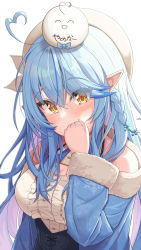 Rule 34 | 1girl, ahoge, blouse, blue hair, blue jacket, blush, braid, breasts, corset, covering own mouth, creature on head, elf, eyes visible through hair, frilled shirt, frills, fur-trimmed jacket, fur trim, hair between eyes, hat, heart, heart ahoge, highres, hololive, jacket, large breasts, long hair, long sleeves, looking at viewer, open clothes, open jacket, pointy ears, shirt, simple background, snowflakes, solo, suicabar72, translation request, virtual youtuber, white background, white hat, white shirt, yukihana lamy