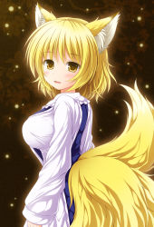 Rule 34 | 1girl, animal ears, blonde hair, blush, breasts, fang, female focus, fox ears, fox tail, gradient background, large breasts, looking at viewer, multiple tails, nagana sayui, no headwear, open mouth, short hair, smile, solo, tail, touhou, yakumo ran, yellow eyes