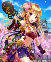 Rule 34 | 1girl, bad id, bad pixiv id, bell, blonde hair, breasts, cherry blossoms, cleavage, day, flower, hair flower, hair ornament, holding, long hair, looking at viewer, medium breasts, midriff, navel, open mouth, outdoors, petals, purple eyes, sengoku saga, sky, solo, wind, yamigo