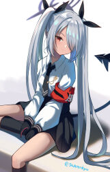 Rule 34 | 1girl, armband, black halo, black necktie, black ribbon, black skirt, black socks, blue archive, blush, closed mouth, collared shirt, commentary, dark-skinned female, dark skin, demon tail, doku-doku, foot out of frame, frown, grey hair, hair over one eye, hair ribbon, halo, highres, iori (blue archive), kneehighs, long bangs, long hair, long sleeves, looking at viewer, miniskirt, necktie, one eye covered, pleated skirt, pointy ears, puffy long sleeves, puffy sleeves, red armband, red eyes, ribbon, shirt, sitting, skirt, socks, solo, straight hair, tail, tail raised, tsurime, twintails, twitter username, v arms, very long hair, white shirt