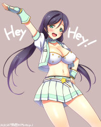 Rule 34 | 10s, 1girl, :d, aqua eyes, arm up, binetsu kara mystery, blush, breasts, choker, cleavage, collarbone, cowboy shot, crop top, cropped jacket, dated, fingerless gloves, gloves, hand on own hip, highres, large breasts, long hair, love live!, love live! school idol festival, love live! school idol project, navel, open mouth, purple hair, simple background, skirt, smile, solo, song name, tojo nozomi, twintails, yu-ta