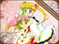 Rule 34 | 1990s (style), 2girls, bishoujo senshi sailor moon, blonde hair, blue eyes, blue sailor collar, bow, chibi usa, child, double bun, elbow gloves, gloves, hug, hug from behind, image sample, knknknk, long hair, magical girl, mother and daughter, multiple girls, pink hair, pleated skirt, red bow, retro artstyle, sailor chibi moon, sailor collar, sailor moon, sailor senshi, skirt, super sailor chibi moon, super sailor moon, tiara, tsukino usagi, twintails, white gloves