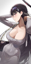 Rule 34 | 1girl, absurdres, bag, black hair, blue archive, blush, breasts, bright pupils, cleavage, collarbone, covered navel, dongtan dress, dress, grey dress, hair ornament, hairpin, halo, highres, large breasts, long hair, long sleeves, looking at viewer, meme attire, ninebell, open mouth, red eyes, rio (blue archive), simple background, solo, white background, white pupils