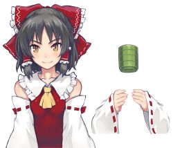 Rule 34 | 1girl, absurdres, ascot, black hair, blush, bow, breasts, closed mouth, commentary request, cookie (touhou), cup, detached sleeves, frilled bow, frilled hair tubes, frilled shirt collar, frills, hair bow, hair tubes, hakurei reimu, highres, looking at viewer, medium hair, red bow, red shirt, ribbon-trimmed sleeves, ribbon trim, sananana (cookie), shirt, simple background, small breasts, smile, solo, touhou, transparent background, upper body, white sleeves, yamabe no akahito, yellow ascot, yellow eyes, yunomi