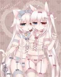Rule 34 | 2girls, ahoge, alice claudia, animal ears, bad id, bad pixiv id, bell, blue eyes, bow, breasts, brown eyes, rabbit ears, bustier, cat ears, cat tail, choker, garter belt, gloves, hair bow, hair ornament, hairpin, heterochromia, highres, jingle bell, long hair, multiple girls, navel, nipples, original, revision, sailor collar, small breasts, standing, tail, tsukikage nemu, twintails, very long hair, white hair