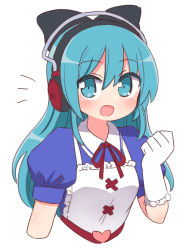 Rule 34 | 1girl, aqua eyes, aqua hair, ayasaki yuu (band brothers), black bow, blue eyes, blue hair, blush, bow, bowtie, clenched hand, collared shirt, cropped arms, cropped torso, daigasso! band brothers, dress, frilled gloves, frills, gloves, hair between eyes, hair bow, hair ornament, hand up, headphones, heart, highres, long hair, looking at viewer, naga u, open mouth, puffy short sleeves, puffy sleeves, red bow, red bowtie, revision, shirt, short sleeves, sidelocks, simple background, smile, solo, upper body, white background, white gloves